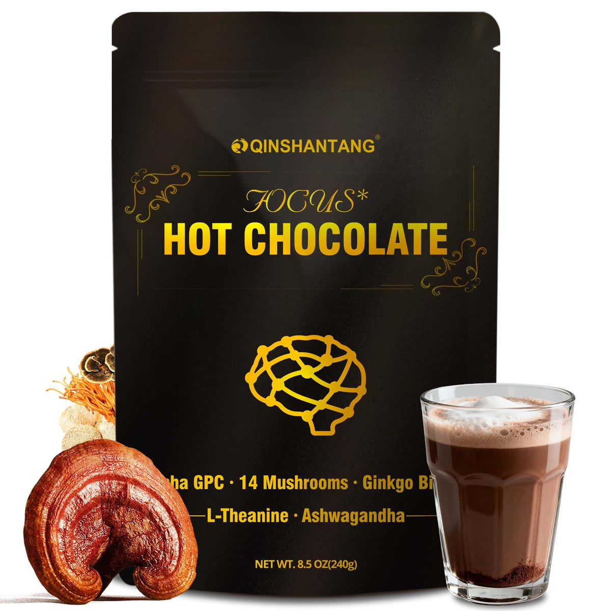 QIN SHAN TANG Mushroom Hot Chocolate cup with rich cacao aroma for cozy evenings.
