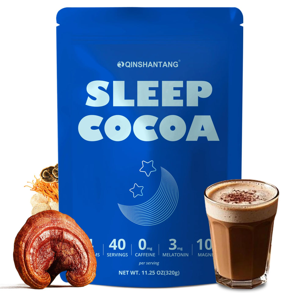 Qin Shan Tang Mushroom Hot Cocoa pour promotes a calming bedtime ritual