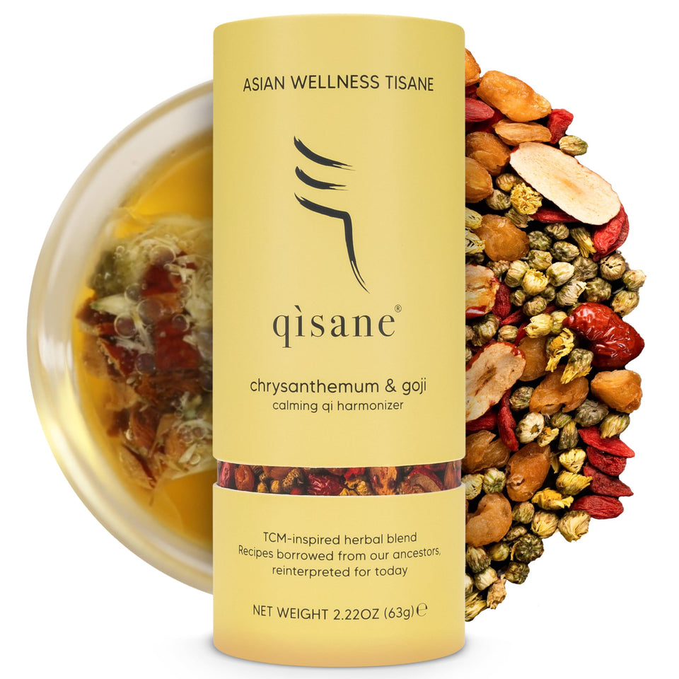 QISANE chrysanthemum tea bags with goji berries offer a light, floral infusion for calm evenings.