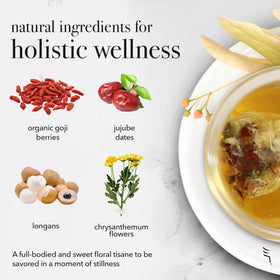 QISANE goji berries and chrysanthemum blend highlights organic ingredients for a balanced cup.