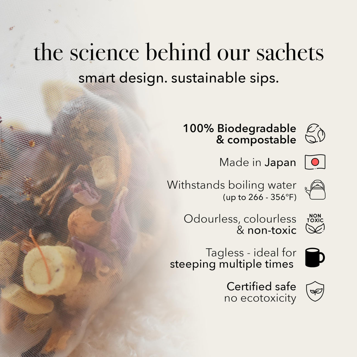 QISANE tea sachets brewing in hot water for 6–7 minutes.