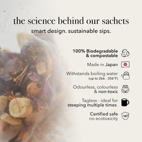 QISANE tea sachets brewing in hot water for 6–7 minutes.