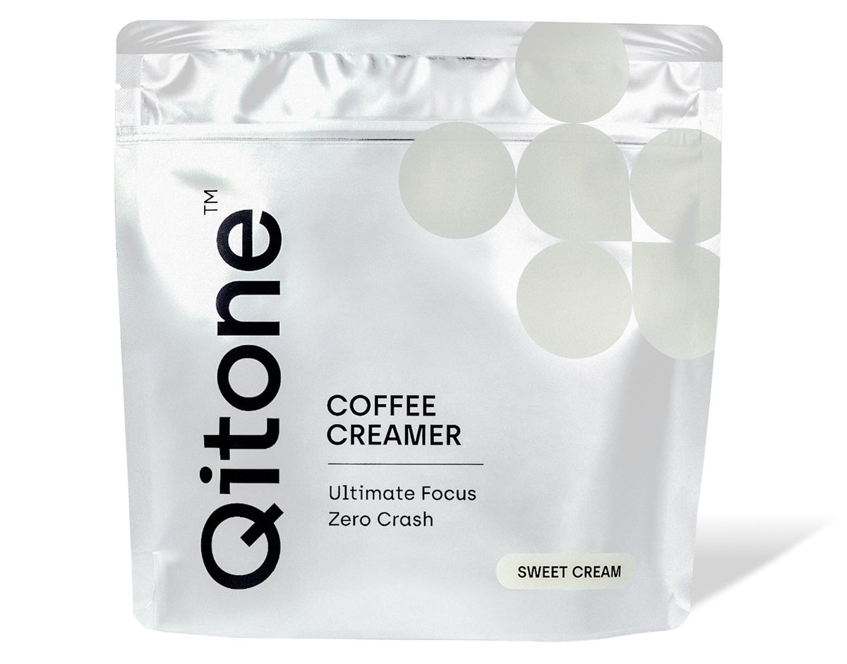 Qitone Keto Coffee Creamer bottle pour showing steady energy for focus