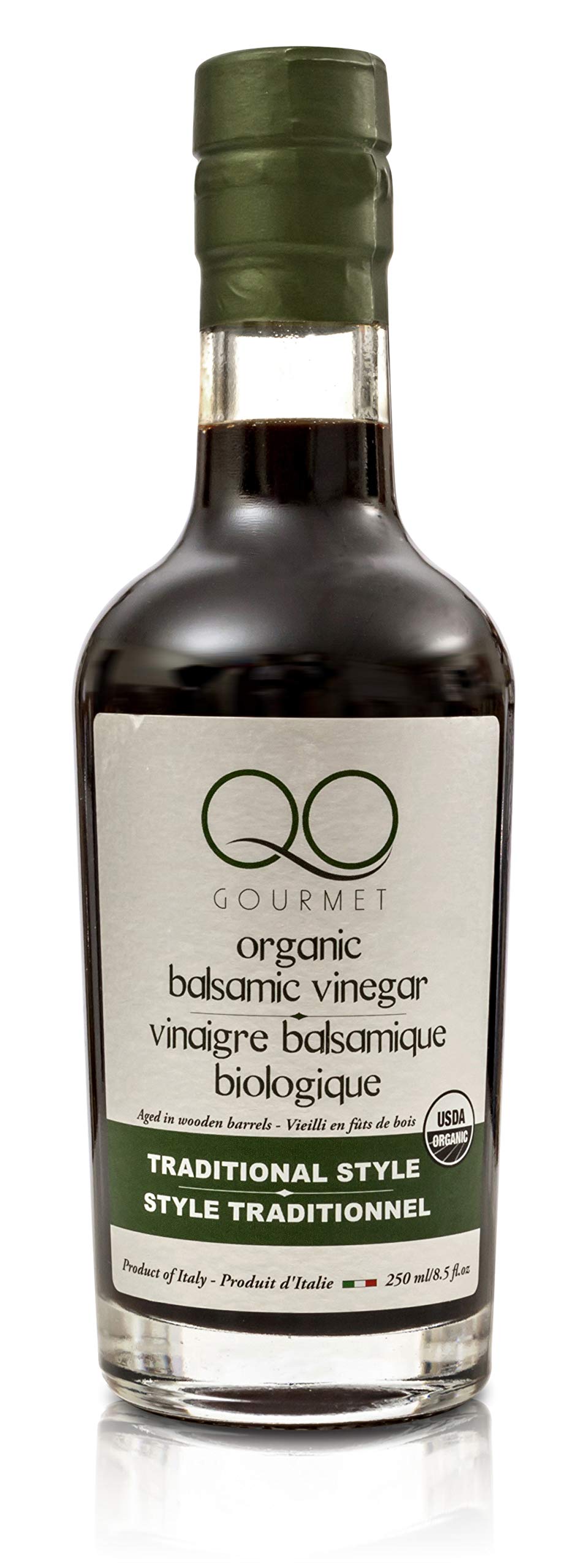 QO Organic Thick Aged Balsamic Vinegar bottle for glazes and finishing dishes.