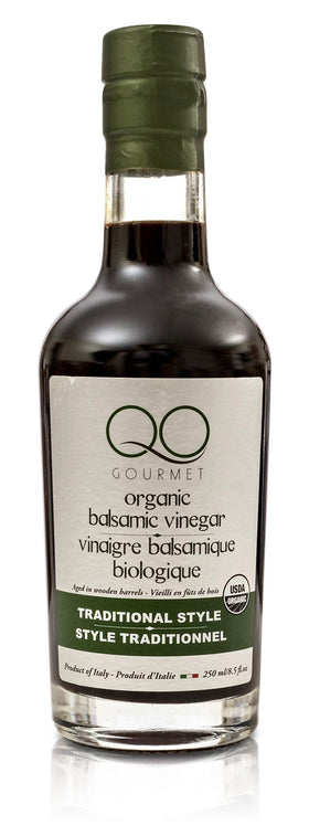 QO Organic Thick Aged Balsamic Vinegar bottle for glazes and finishing dishes.