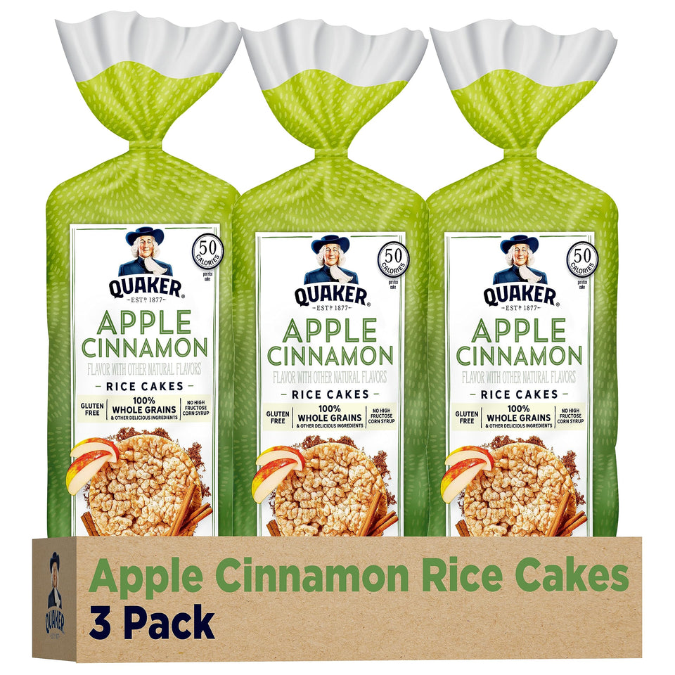 Quaker Apple Cinnamon Large Rice Cakes front view shows crisp texture, ideal for on-the-go snacking.