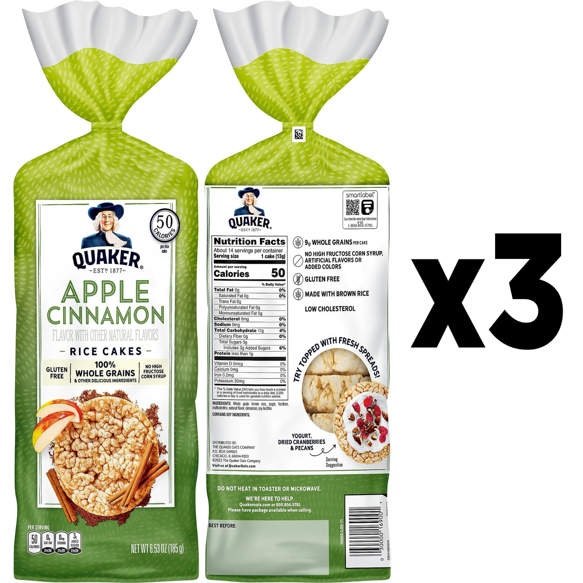 Quaker Apple Cinnamon Rice Cakes side view highlights portable pack for busy days.