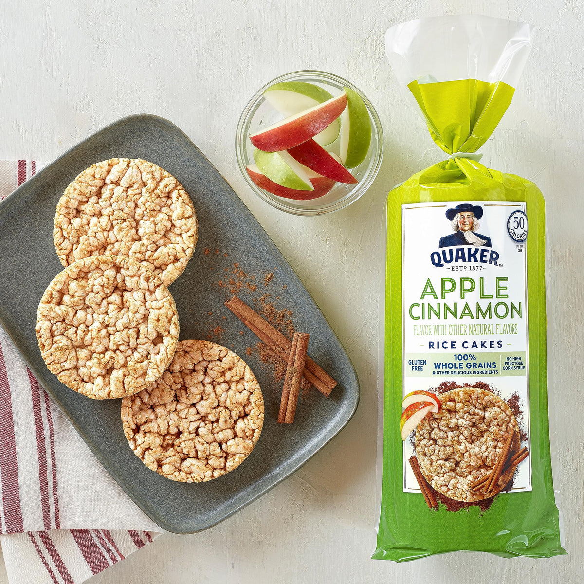 Top view shows crisp cakes and packaging for quick pantry grab.