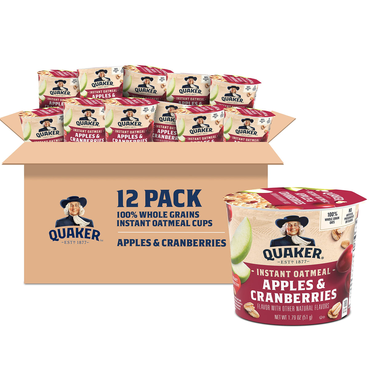 Quaker Apple Cranberry instant oatmeal cup with whole grain oats for a quick breakfast.