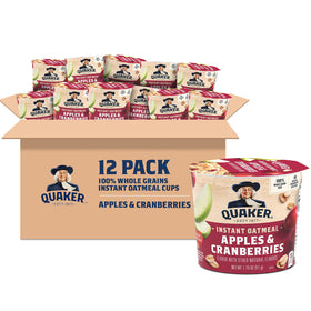 Quaker Apple Cranberry instant oatmeal cup with whole grain oats for a quick breakfast.
