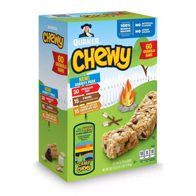 Quaker Camp Chewy variety pack front view showing 60 bars for family snacking.