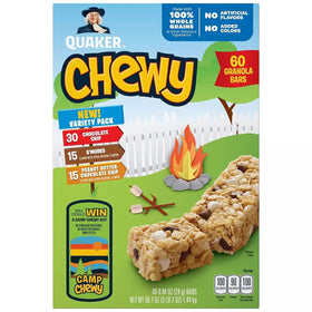 Quaker Camp Chewy variety-pack label featuring chocolate flavors.