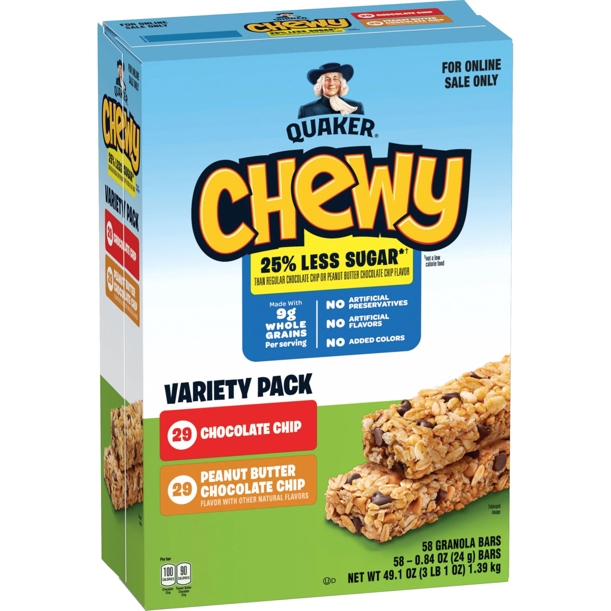 Quaker Chewy 25% Less Sugar 58-pack outer box, ideal for family meals