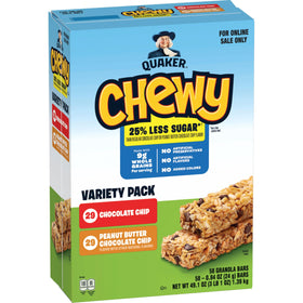 Quaker Chewy 25% Less Sugar 58-pack outer box, ideal for family meals