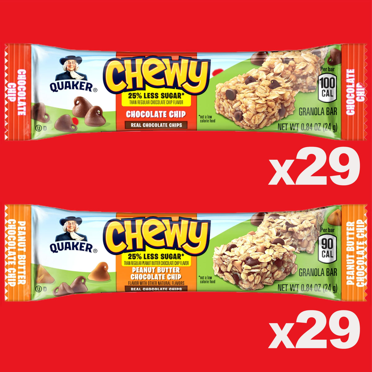 Quaker Chewy 25% Less Sugar chocolate chip bars for quick lunchbox treats