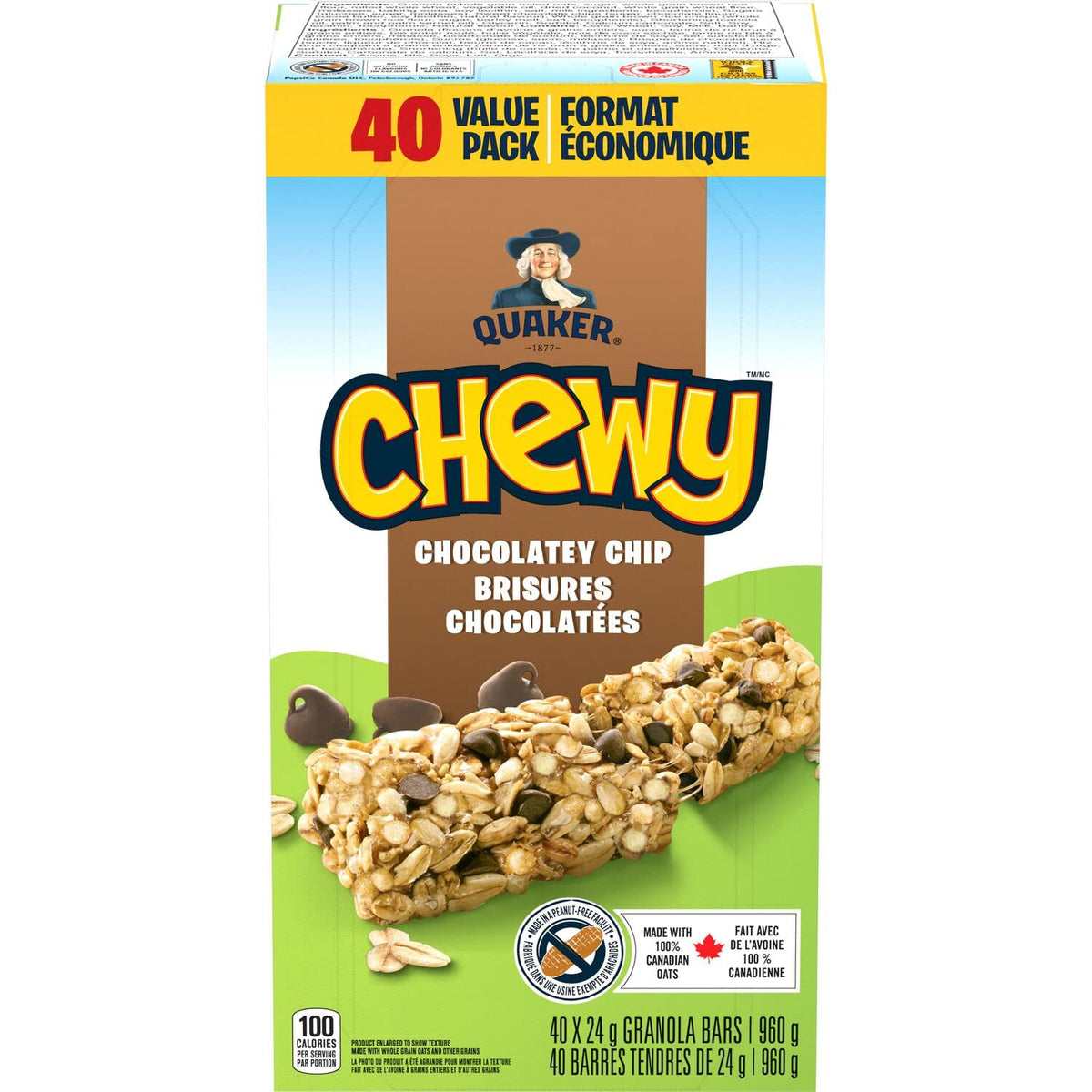 Quaker Chewy Chocolate Chip Granola Bar 40-bars box visible
