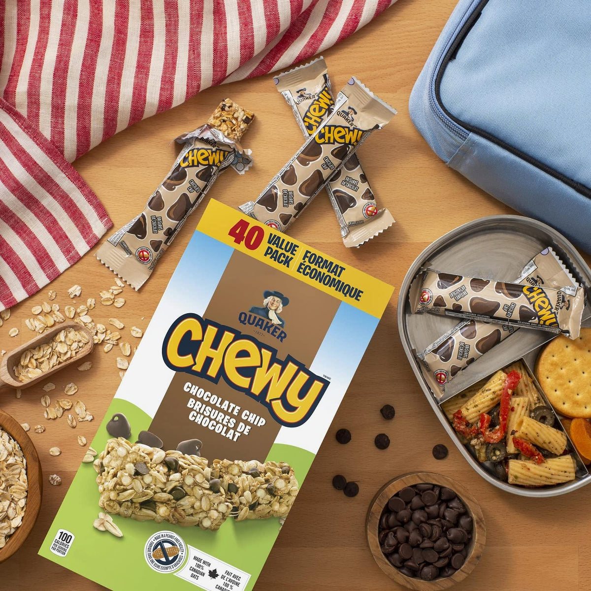 Quaker Chewy Chocolate Chip Granola Bar on plate grab‑and‑go snack