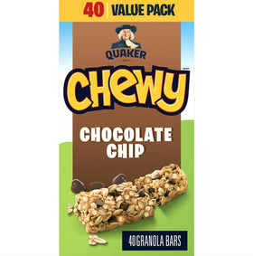 Quaker Chewy Chocolate Chip Granola Bar packaging showcasing 40 bars, ideal for lunchboxes