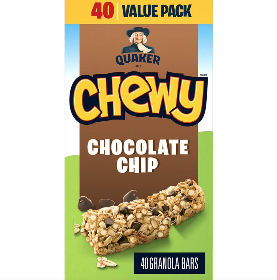 Quaker Chewy Chocolate Chip Granola Bar packaging showcasing 40 bars, ideal for lunchboxes