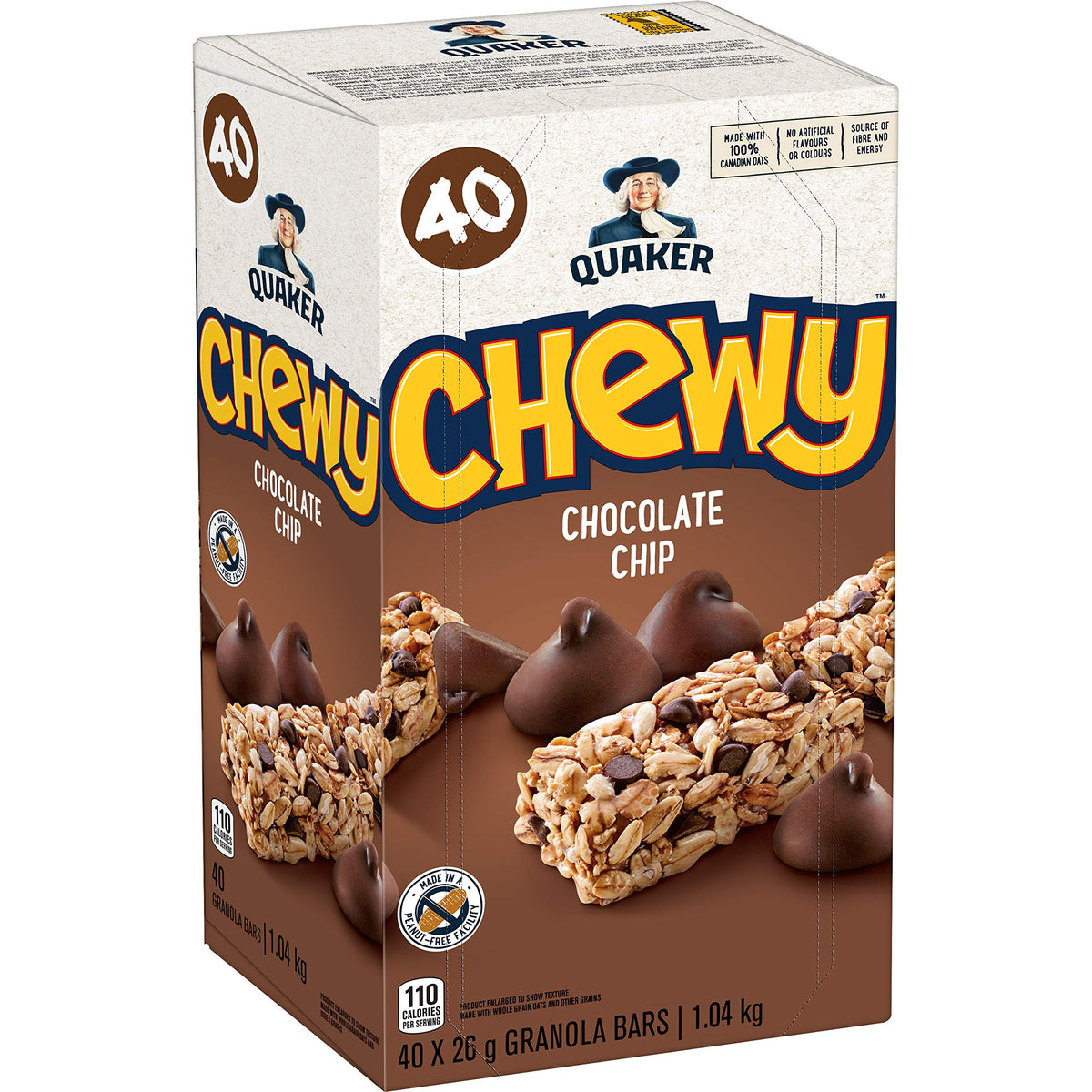 Quaker Chewy Chocolate Chip Granola Bars package, peanut-free snack for lunchboxes.