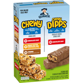 Quaker Chewy Dipps Chocolate Chip bars in a resealable pack for on the go snacking
