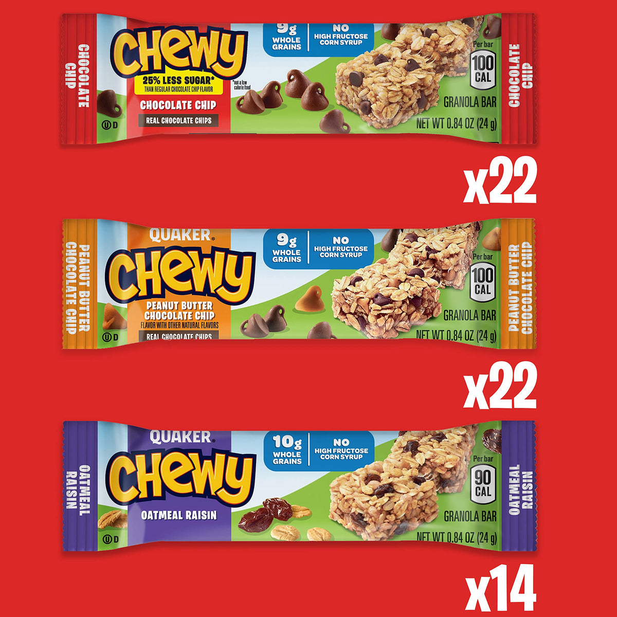 Quaker Chewy Granola Bars chocolate chip close-up highlighting real chocolate.