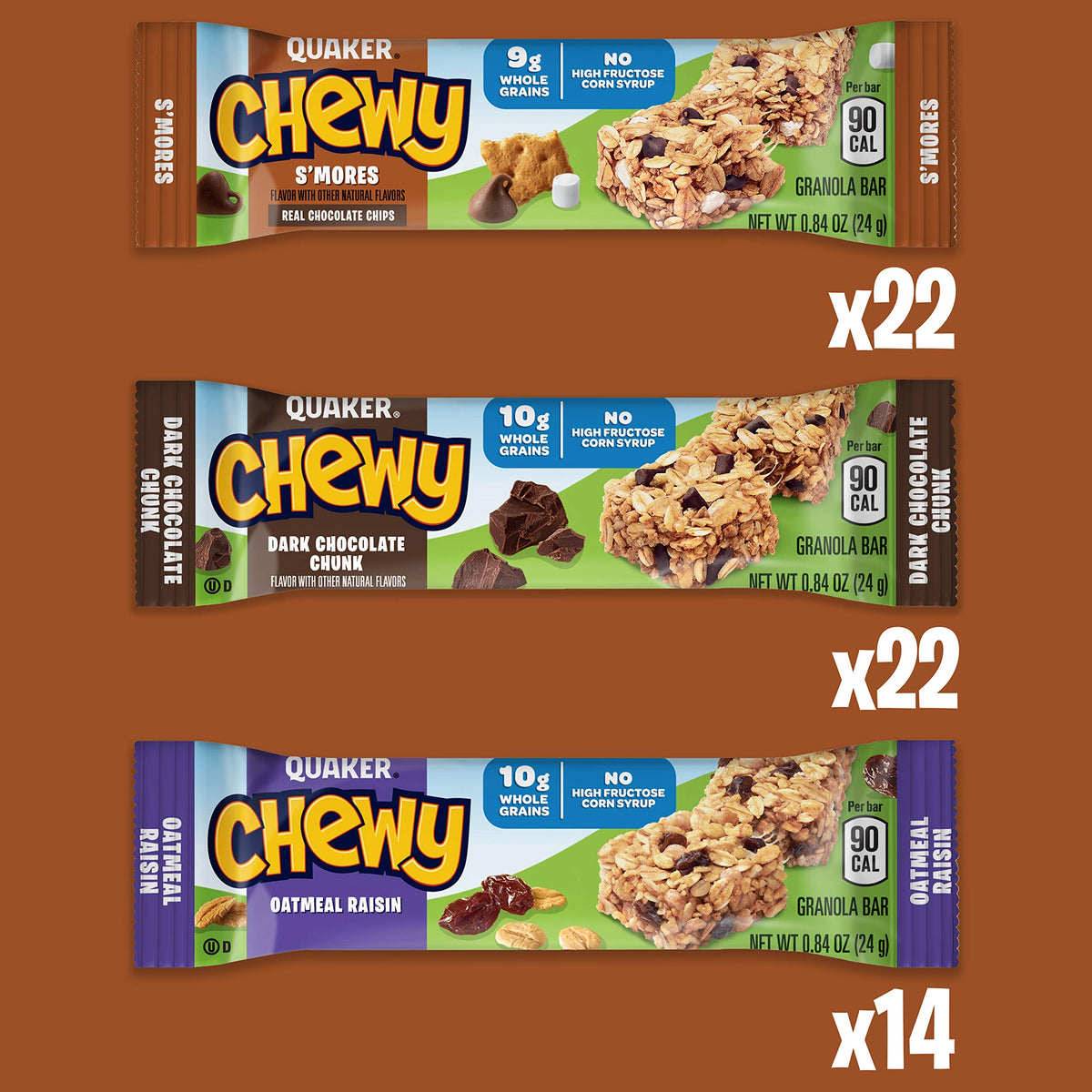 Quaker Chewy Granola Bars dark chocolate chunk: satisfying bite after activity.