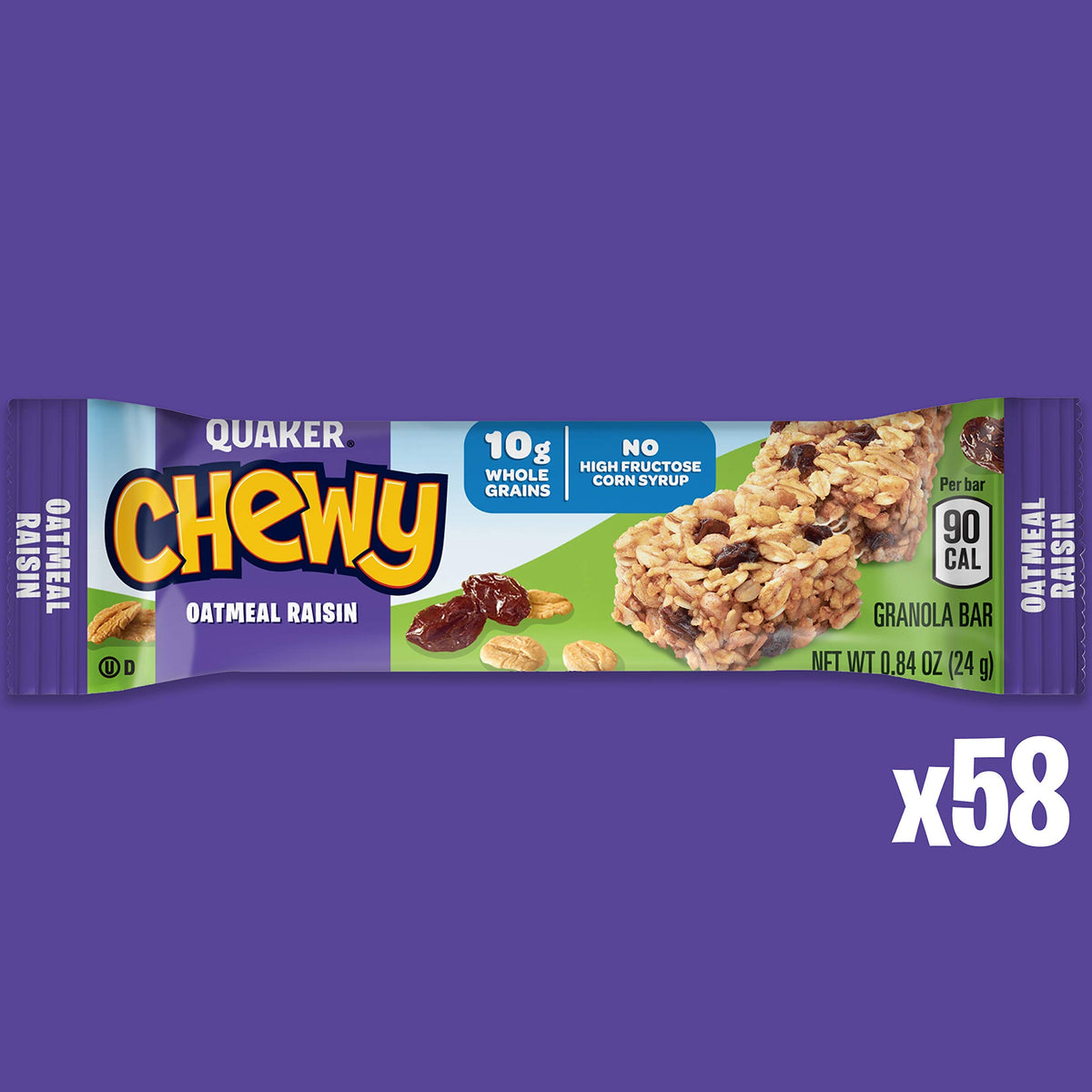 Quaker Chewy Granola Bars Oatmeal Raisin close-up highlights oats and raisins.