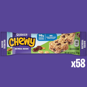 Quaker Chewy Granola Bars Oatmeal Raisin close-up highlights oats and raisins.