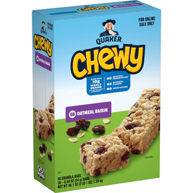 Quaker Chewy Granola Bars Oatmeal Raisin packaging shows 58 bars for lunchbox convenience.