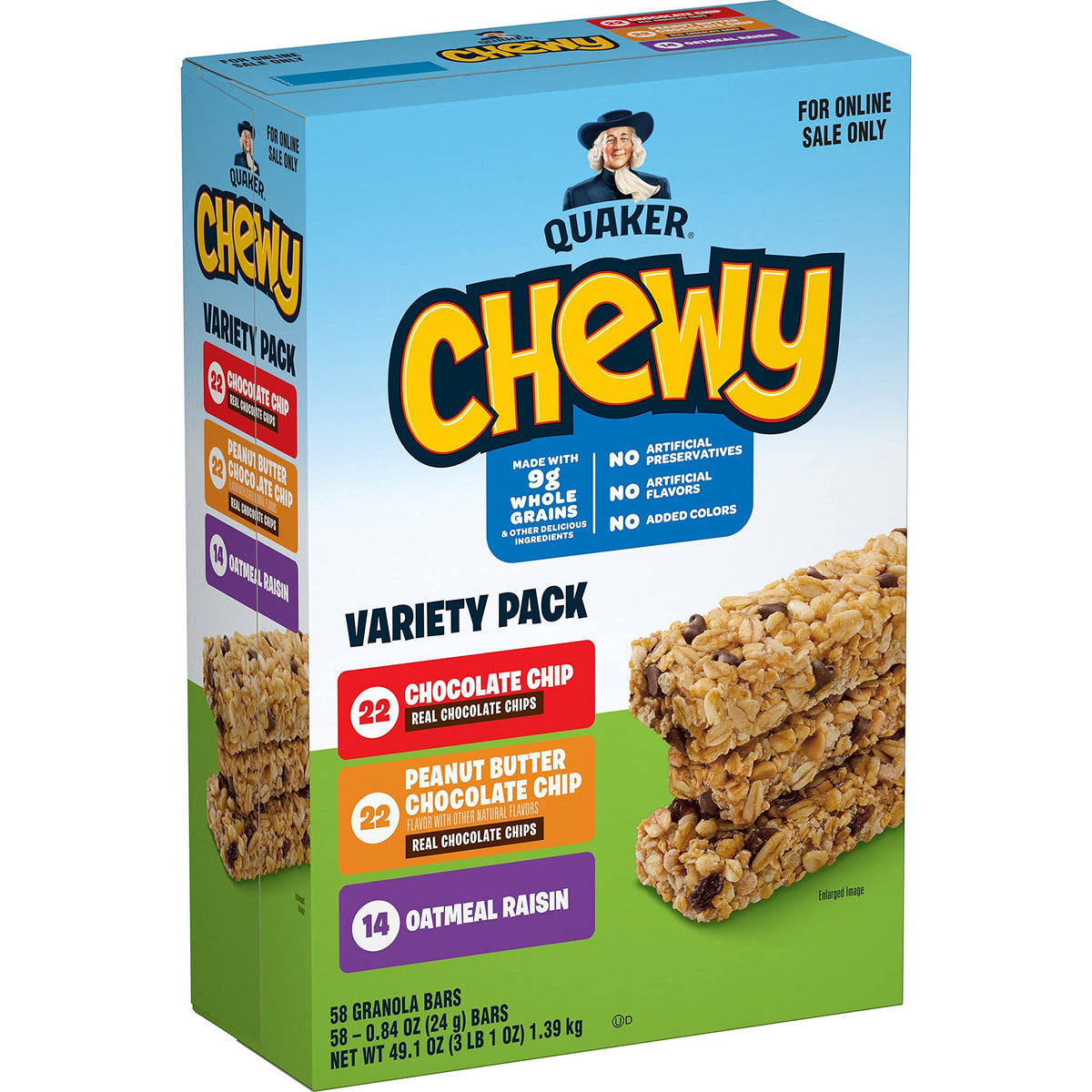 Quaker Chewy Granola Bars variety pack box front for quick, kid-friendly snacks.