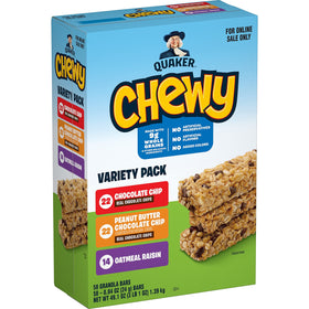 Quaker Chewy Granola Bars variety pack box front for quick, kid-friendly snacks.