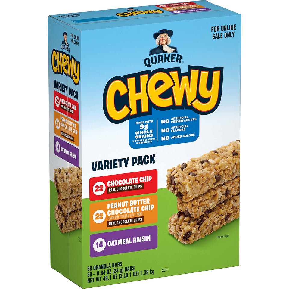 Quaker Chewy Granola Bars variety pack box front for quick, kid-friendly snacks.