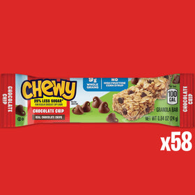 Close-up of real chocolate chips in Quaker Chewy Lower Sugar bars for on-the-go indulgence