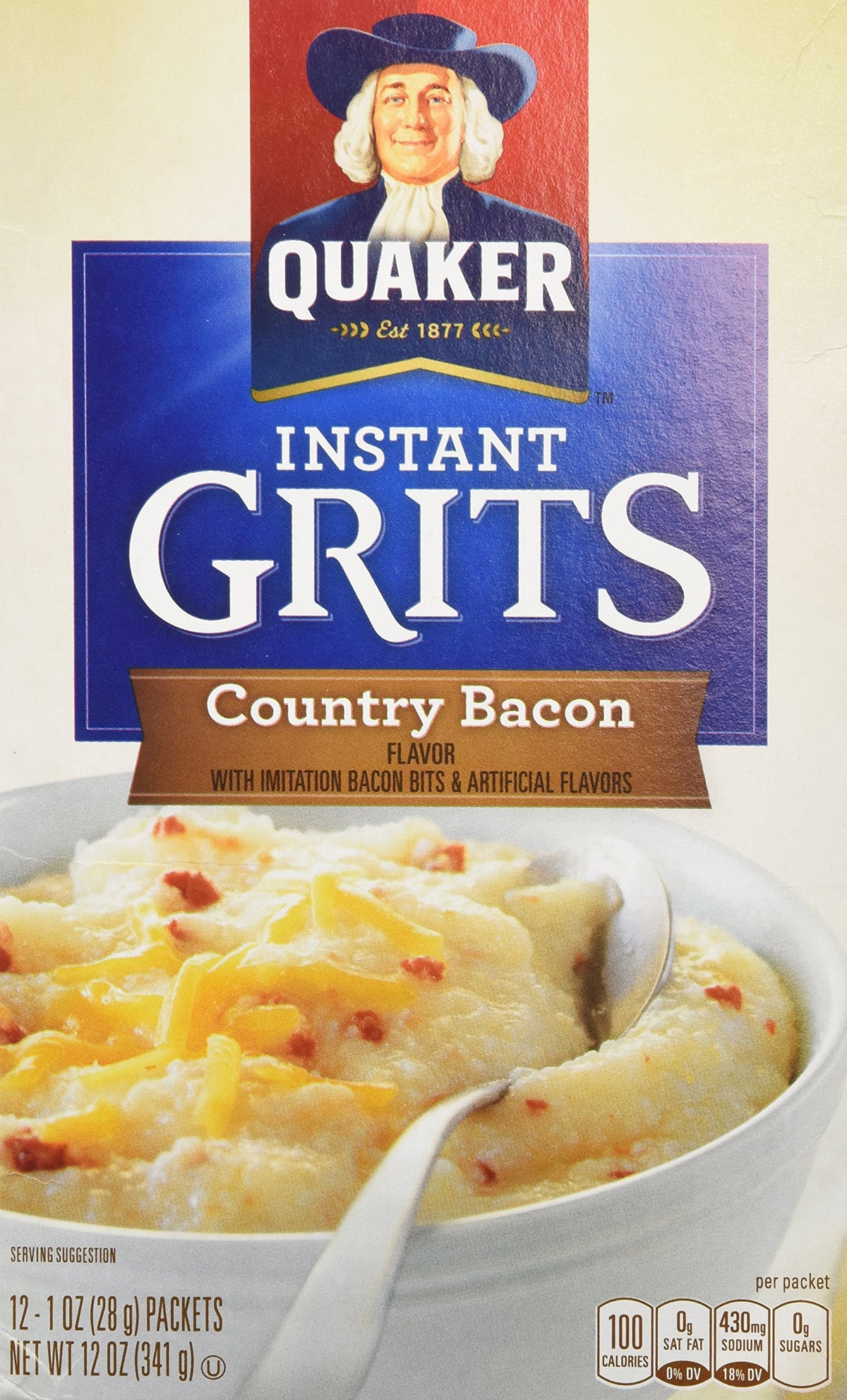 Quaker Country Bacon Flavor Instant Grits pack image, quick breakfast option.