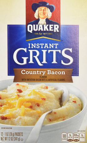 Quaker Country Bacon Flavor Instant Grits pack image, quick breakfast option.