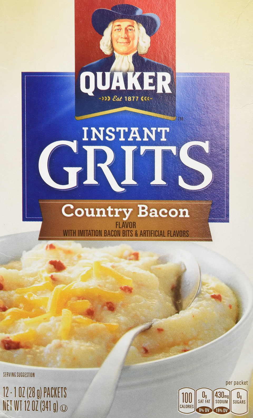 Quaker Country Bacon Flavor Instant Grits pack image, quick breakfast option.