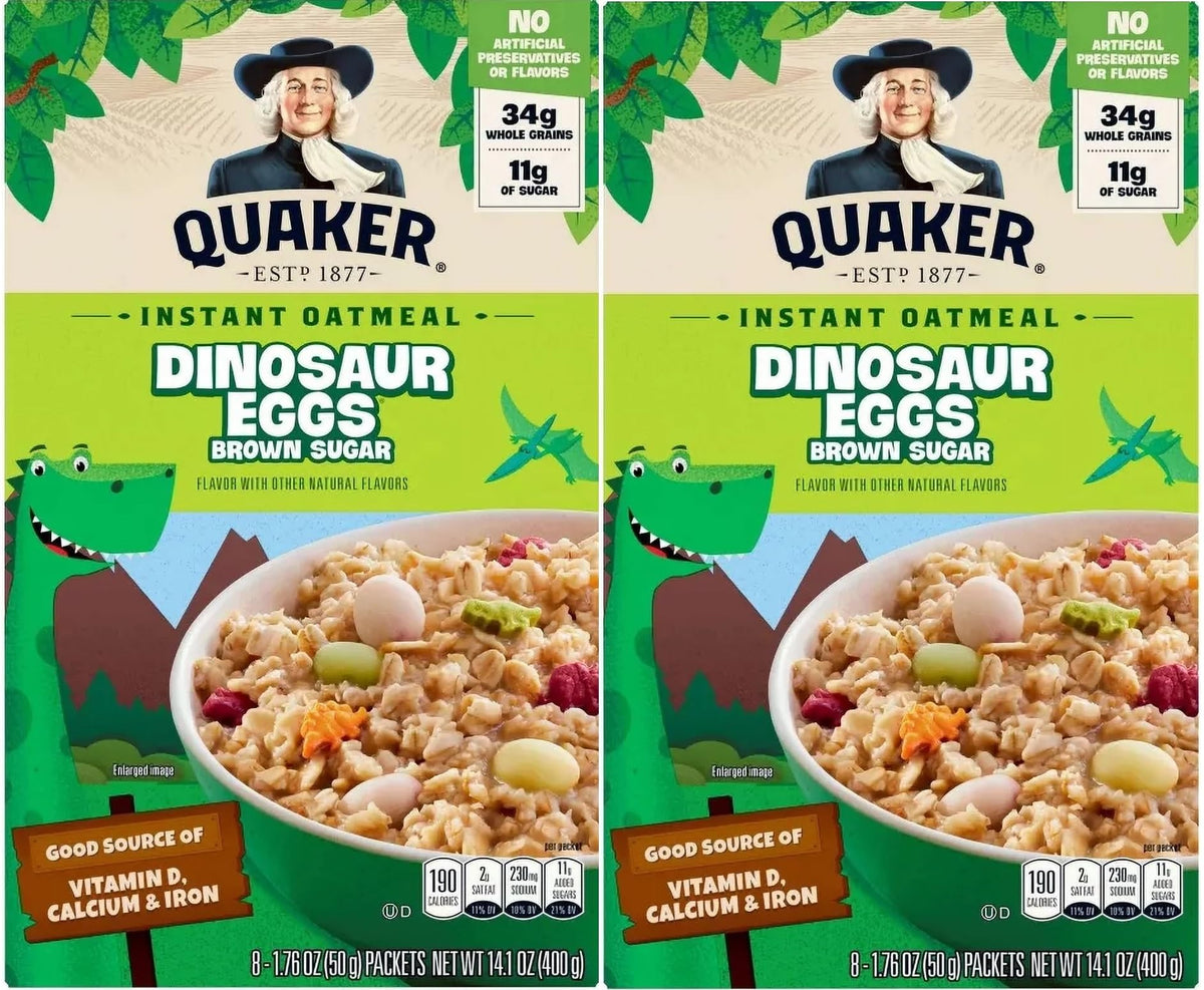 Quaker Dinosaur Eggs Brown Sugar Instant Oatmeal box for a quick, tasty breakfast