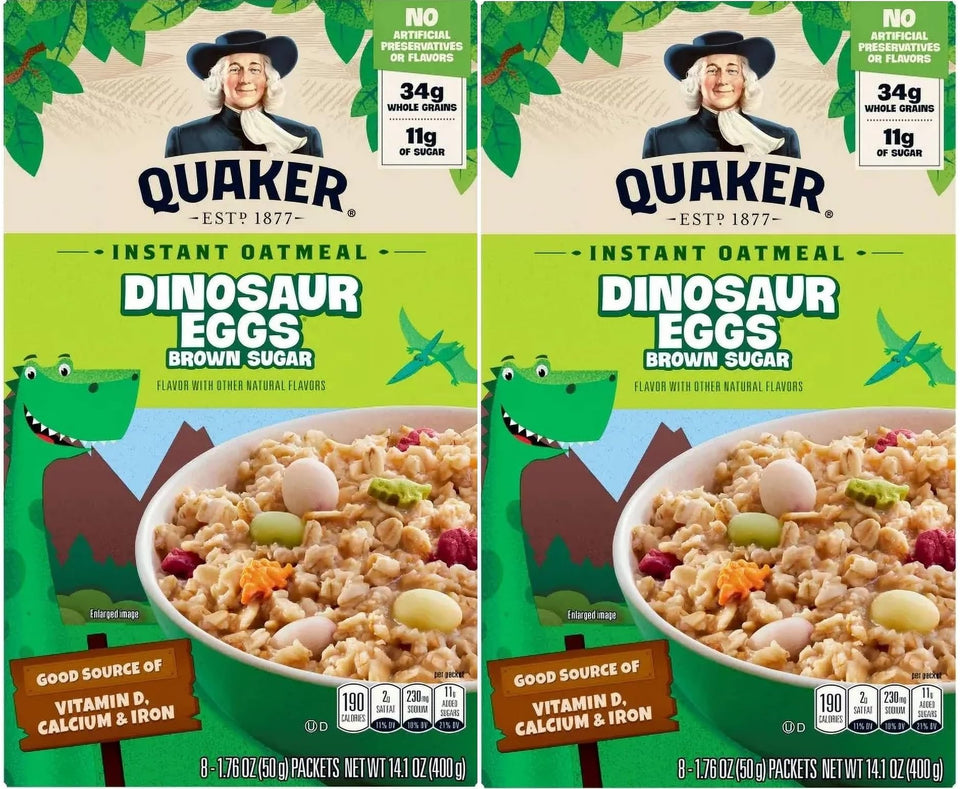 Quaker Dinosaur Eggs Brown Sugar Instant Oatmeal box for a quick, tasty breakfast