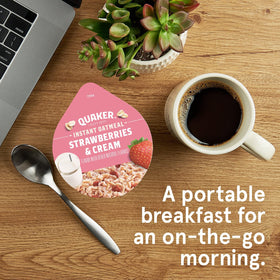 Quaker Express Cups Strawberry and Cream microwave-ready, heat-and-serve for a quick breakfast.