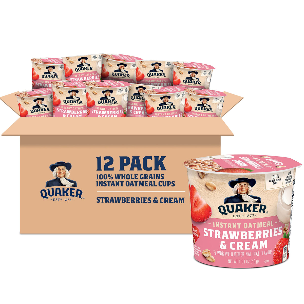 Quaker Express Cups Strawberry and Cream pack, ready-to-eat breakfast for busy mornings.