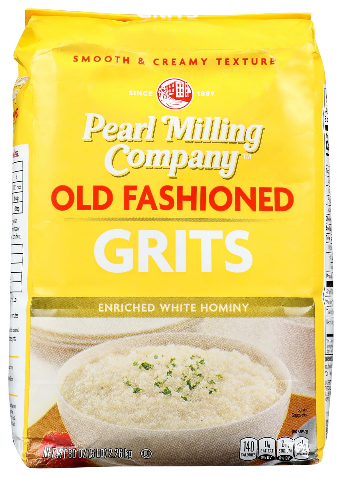 Quaker Grits Pearl Milling Old Fashioned bag—front label view for creamy breakfast porridge.