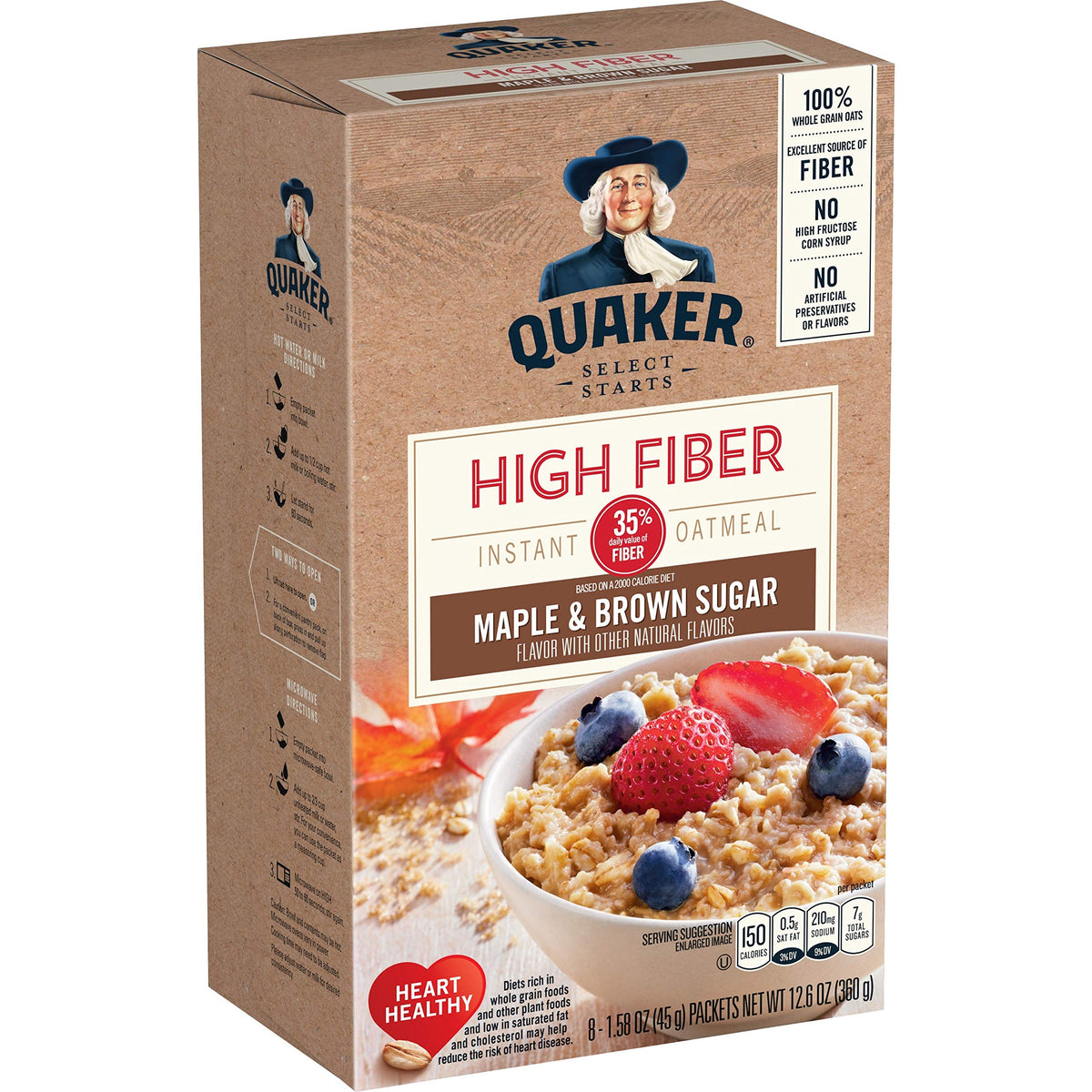 Quaker high fiber instant oatmeal maple brown sugar packets for a fiber-rich breakfast option.