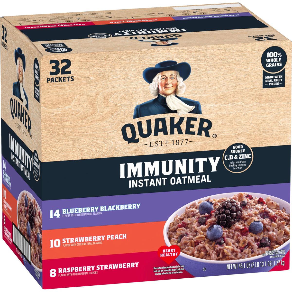 Quaker Immunity Instant Oatmeal 32-pack, convenient on-the-go breakfast.