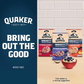 Quaker Immunity Strawberry Peach instant oatmeal with real fruit pieces for quick mornings.