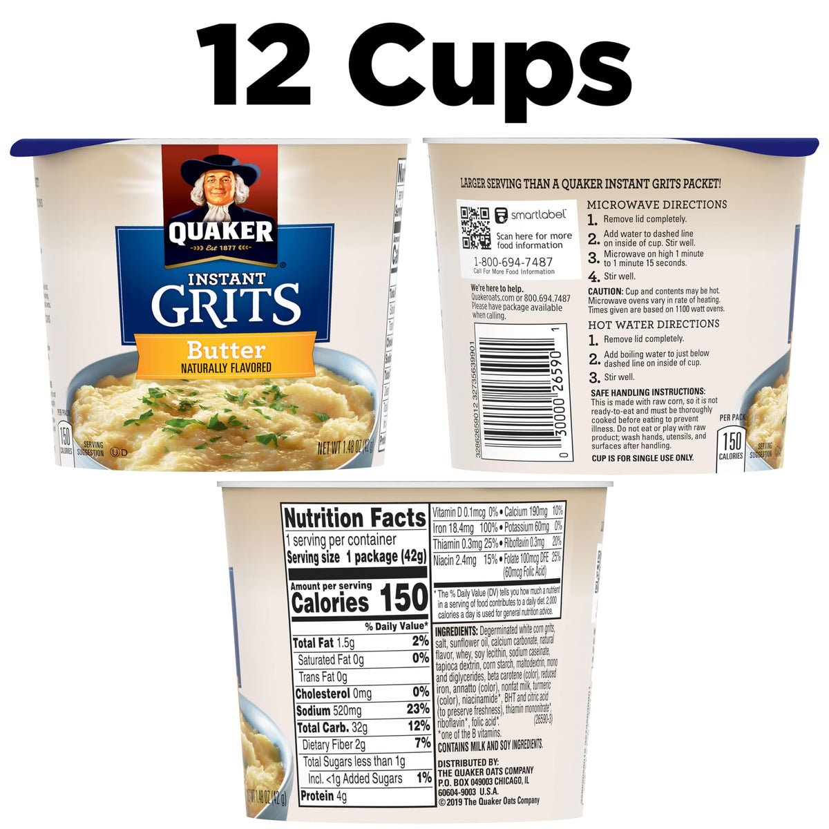 Quaker Butter Flavor Instant Grits cup shows creamy texture for quick mornings.