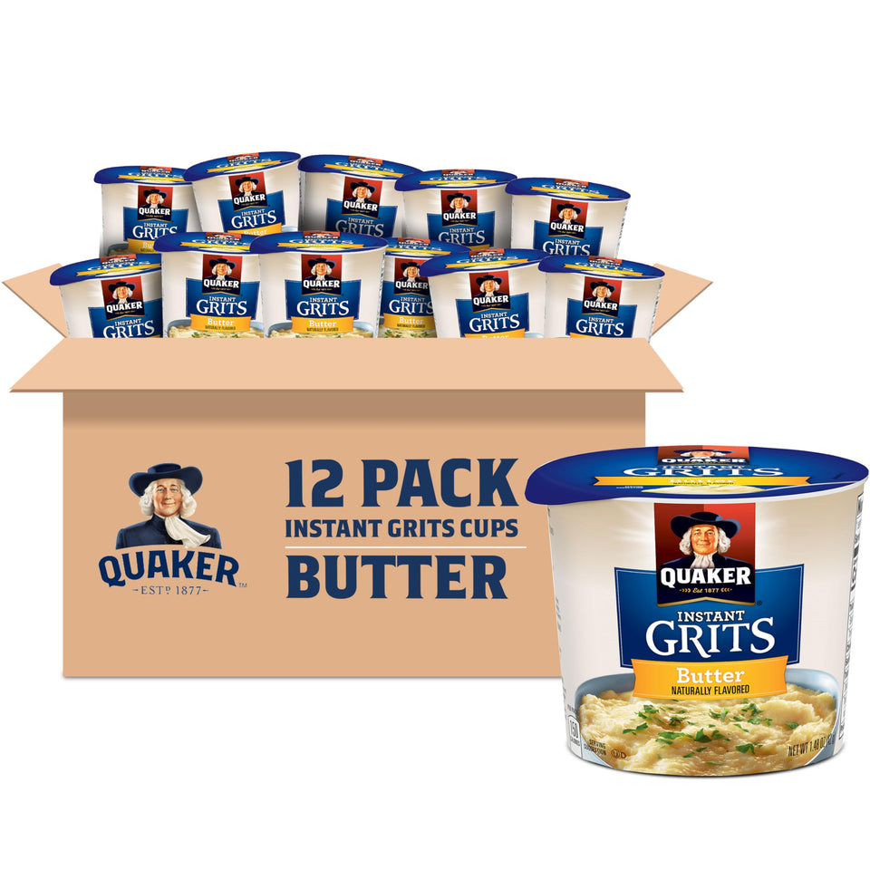 Quaker Butter Flavor Instant Grits cup, ready-to-eat breakfast with creamy texture.