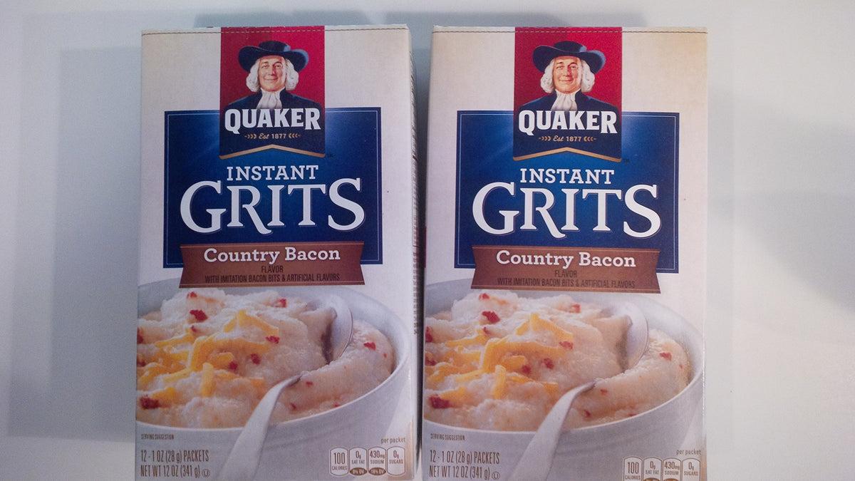 Quaker Instant Grits Country Bacon flavor box for quick, savory breakfasts.