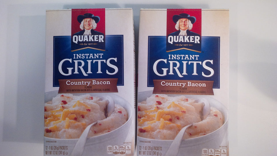 Quaker Instant Grits Country Bacon flavor box for quick, savory breakfasts.
