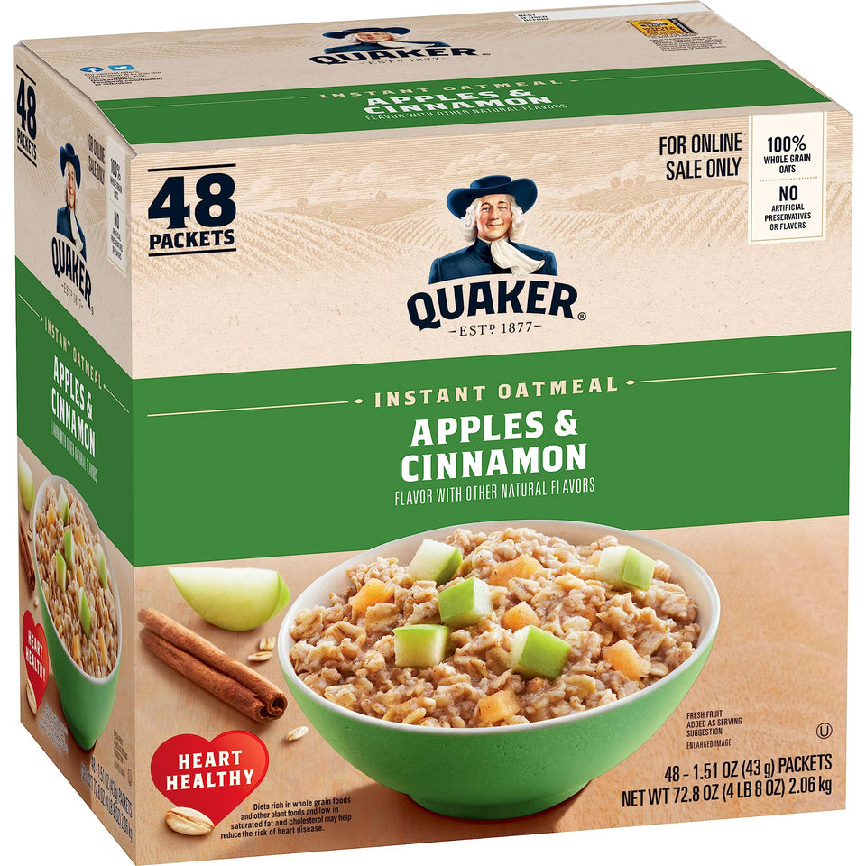 Quaker Instant Oatmeal Apples and Cinnamon packets for quick, fiber-rich breakfasts.